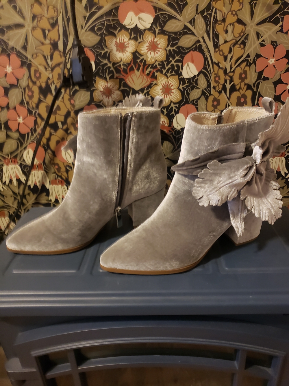Amirah Silver Velvet Floral Applique Ankle Boots